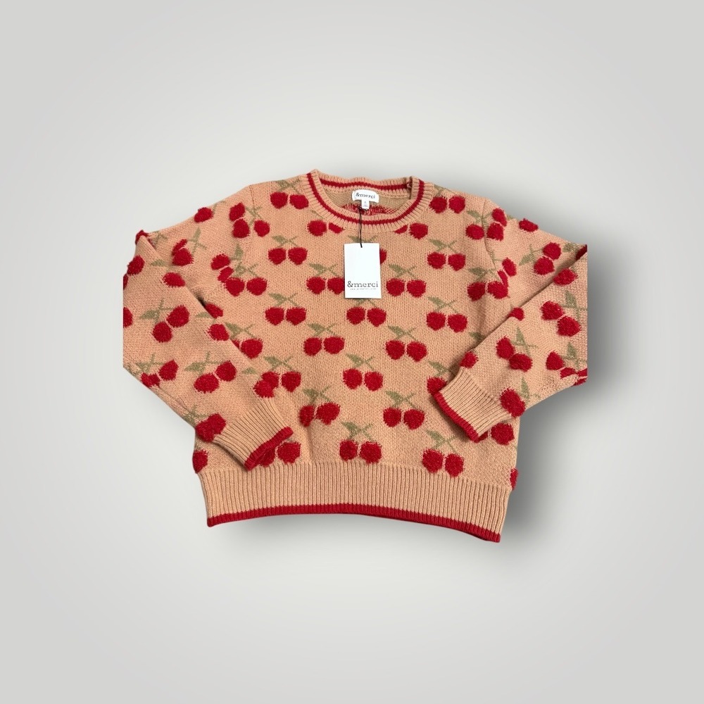 &merci Cherry Print Sweater Womens Small Tan Red Fuzzy Pom Pom Coquette Cottage - Picture 4 of 11